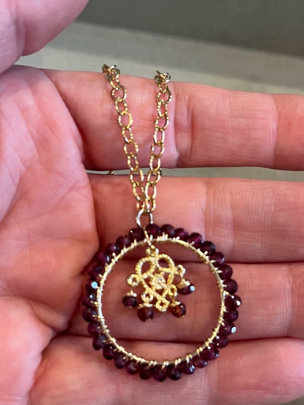 Garnet and 14kgp Family Protection Talisman Necklace